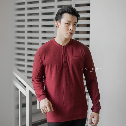 Nalure Long sleeve Hanley | atasan kaos long sleeve pria | pria henley kancing waffle premium | color army navy maroon mustard black white