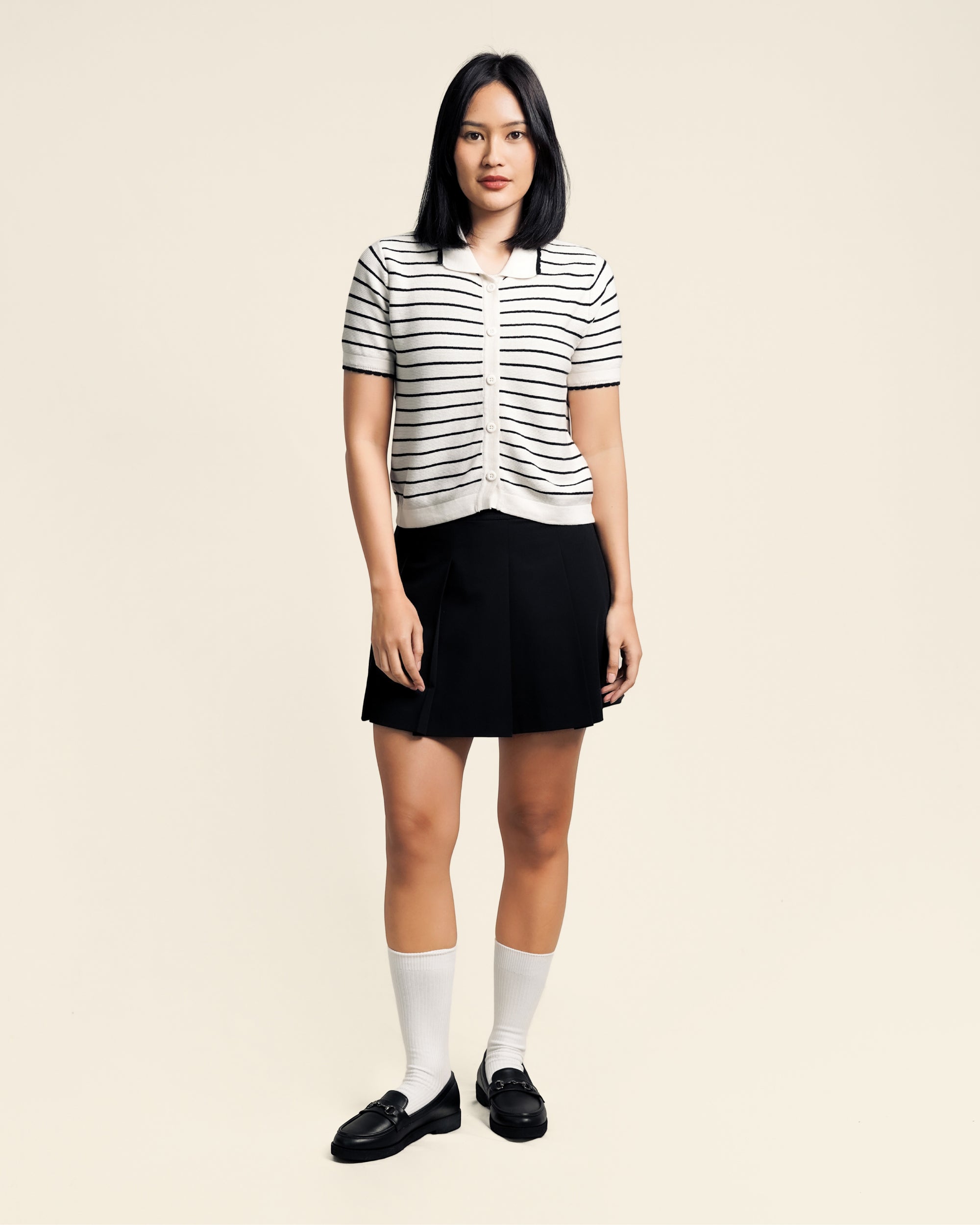 Nalure Anna Polo Shirt Wanita | Polo Knit | Stripe Scallop Lengan Pendek