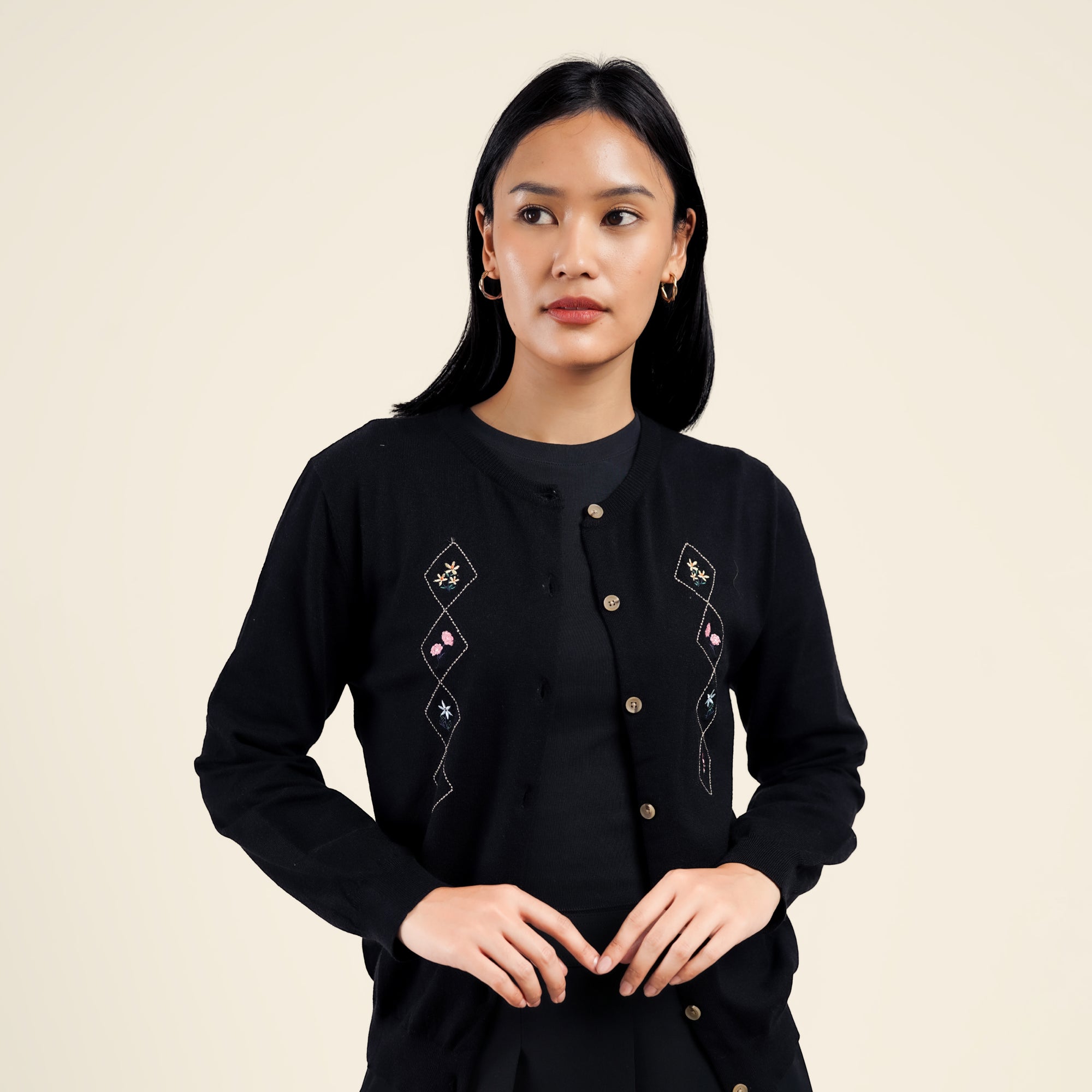 Nalure Cyrene Cardigan Wanita | Cardigan Rajut | Long Sleeve Crewneck Bunga