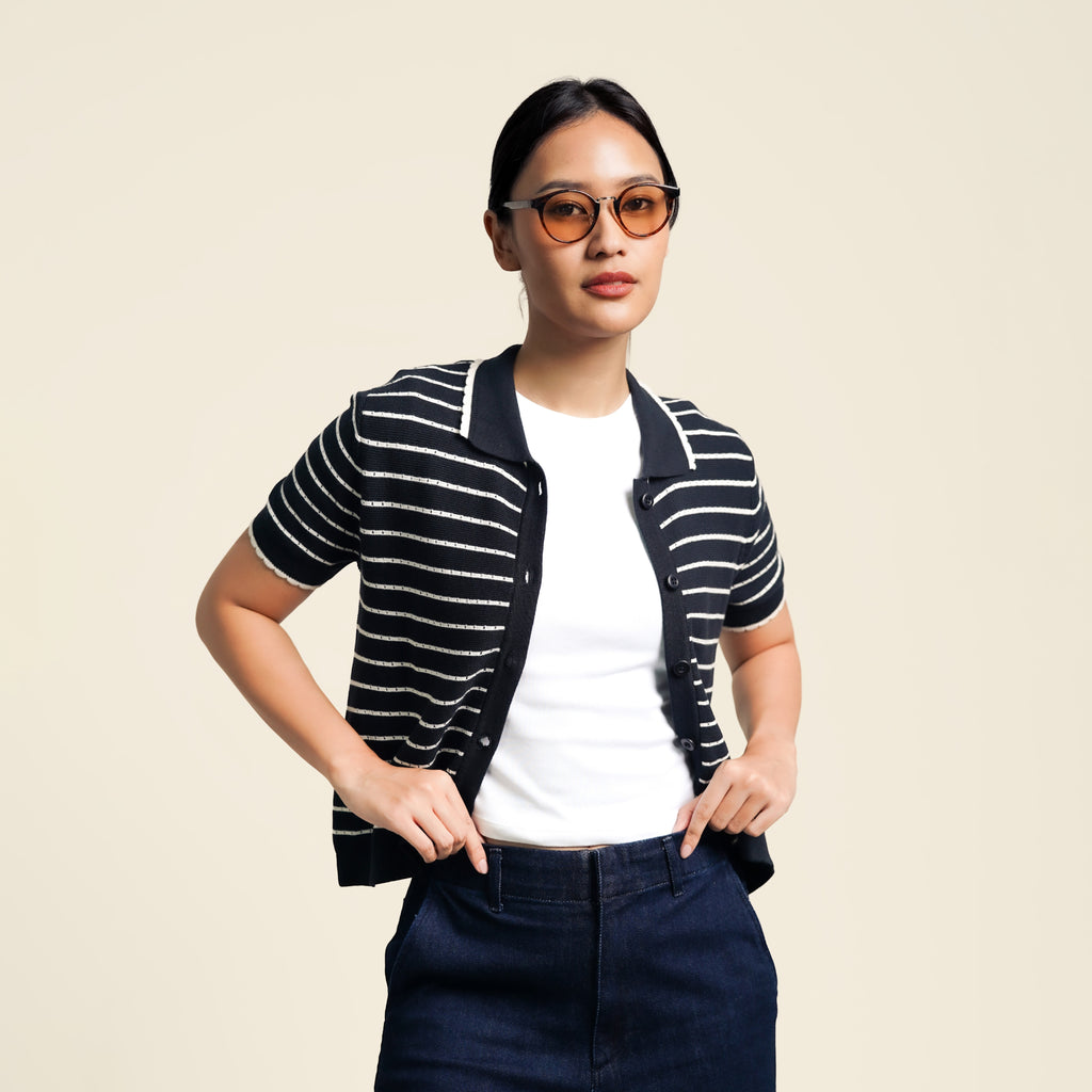 Nalure Anna Polo Shirt Wanita | Polo Knit | Stripe Scallop Lengan Pendek
