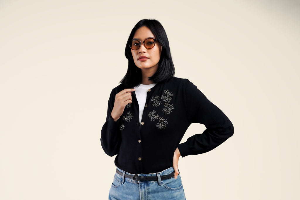 Nalure Jolie Cardigan Wanita | Cardigan Rajut | Long Sleeve Crewneck Bunga