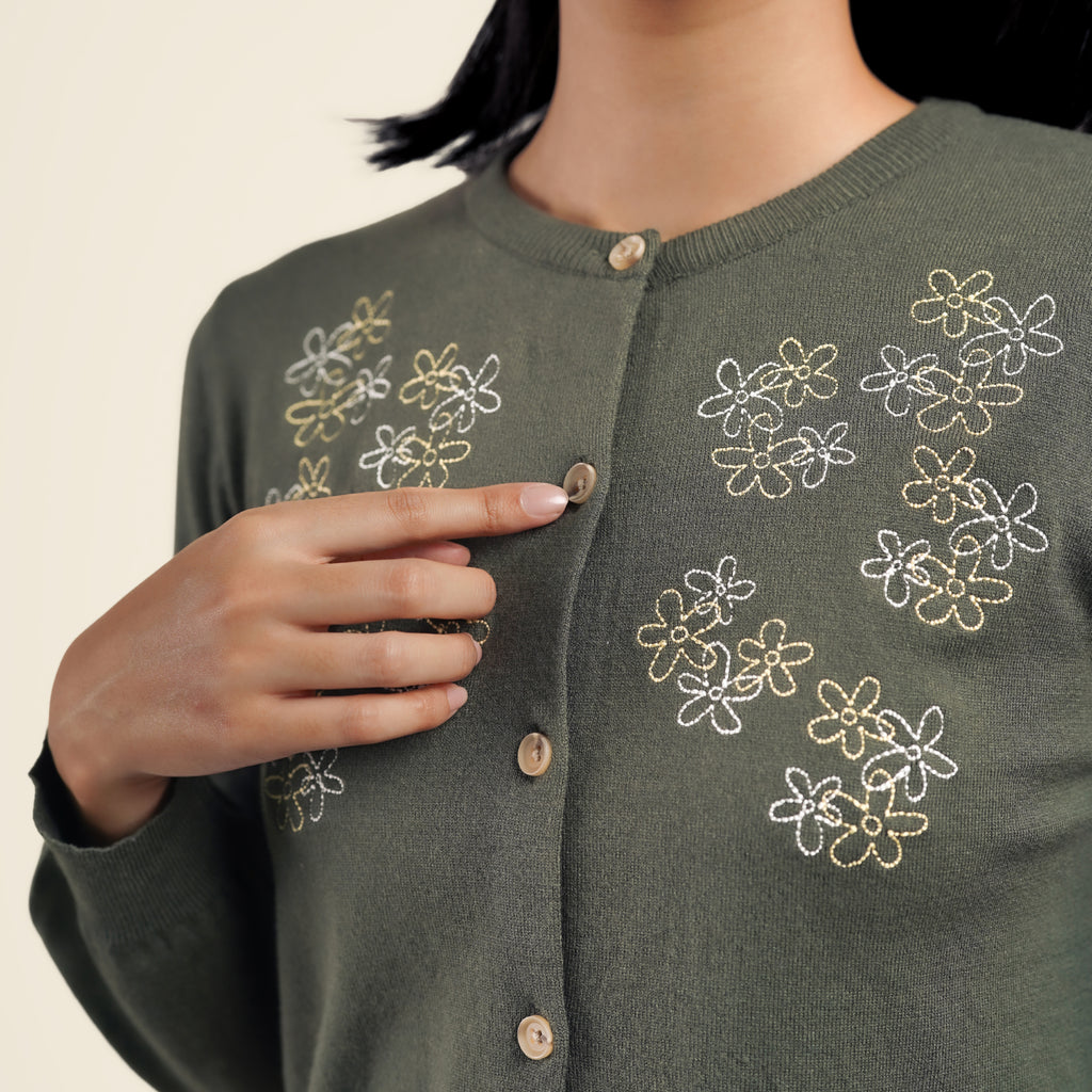 Nalure Jolie Cardigan Wanita | Cardigan Rajut | Long Sleeve Crewneck Bunga