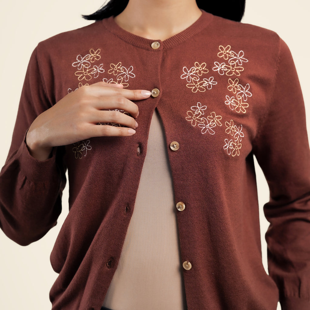 Nalure Jolie Cardigan Wanita | Cardigan Rajut | Long Sleeve Crewneck Bunga