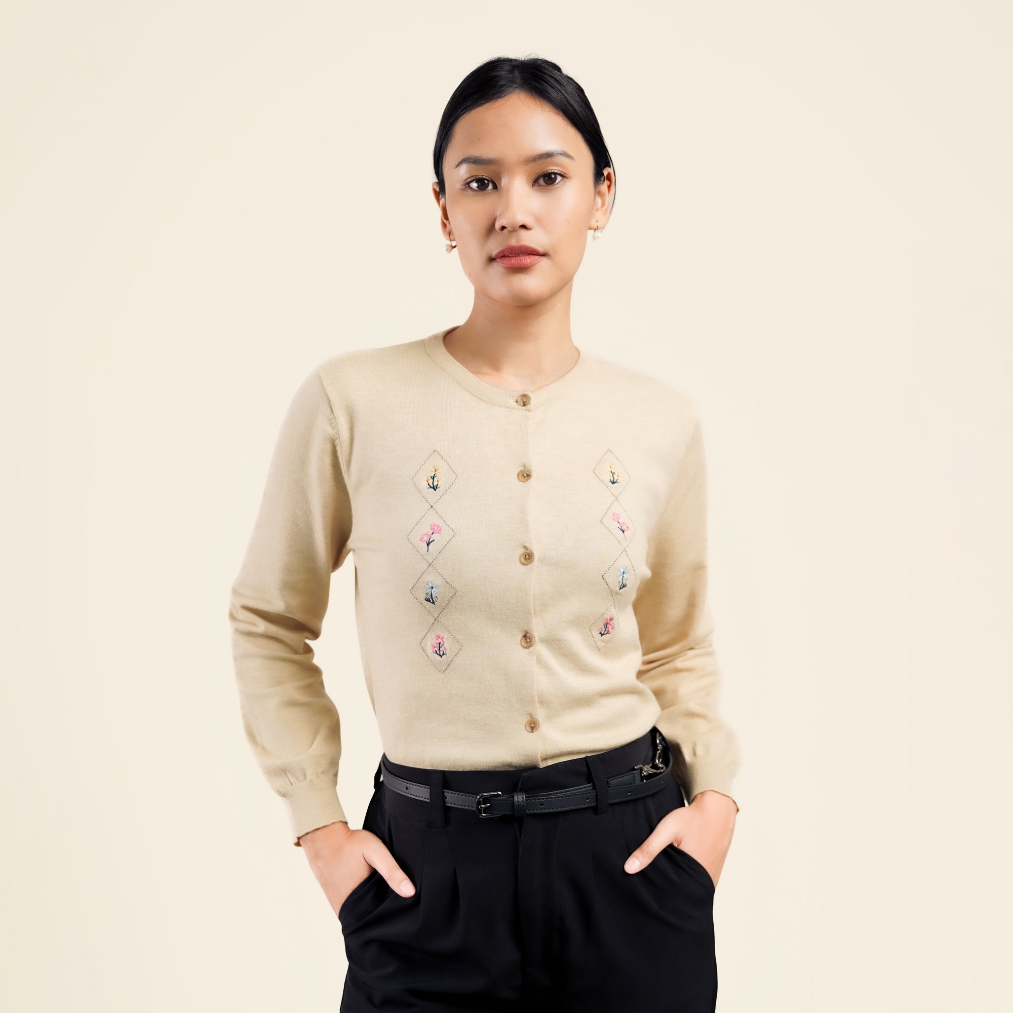 Nalure Cyrene Cardigan Wanita | Cardigan Rajut | Long Sleeve Crewneck Bunga