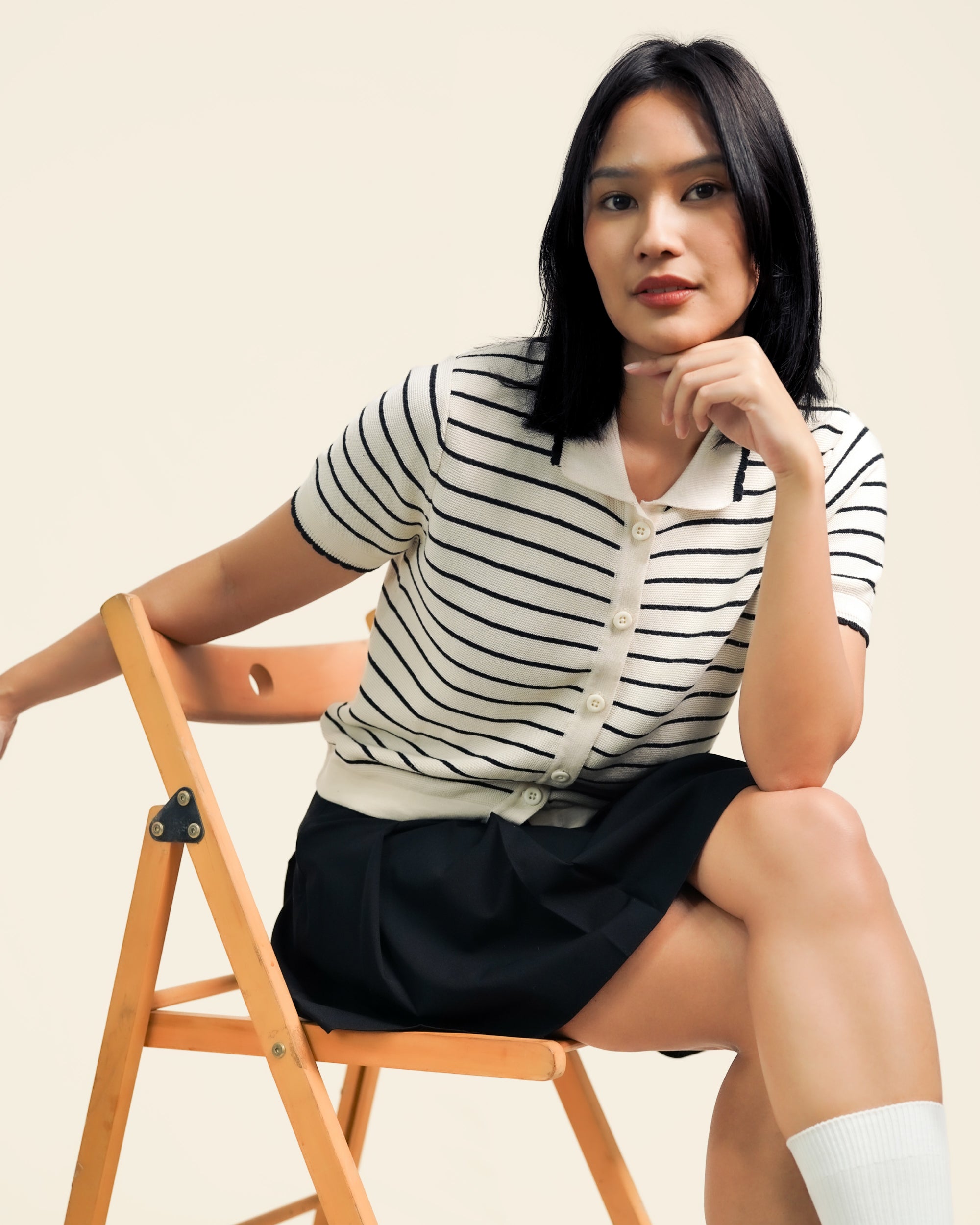 Nalure Anna Polo Shirt Wanita | Polo Knit | Stripe Scallop Lengan Pendek