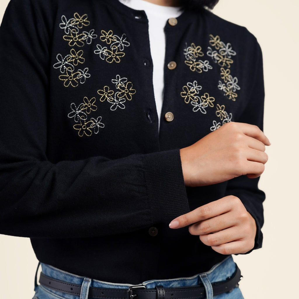 Nalure Jolie Cardigan Wanita | Cardigan Rajut | Long Sleeve Crewneck Bunga