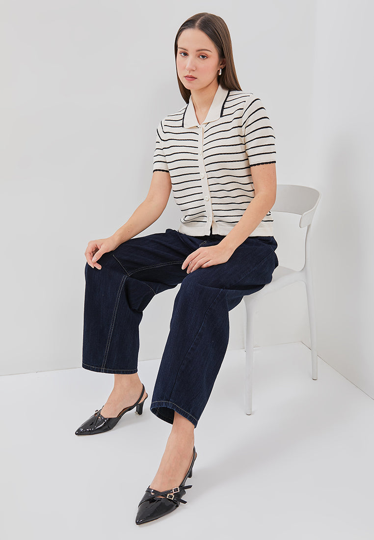 Nalure Anna Polo Shirt Wanita | Polo Knit | Stripe Scallop Lengan Pendek