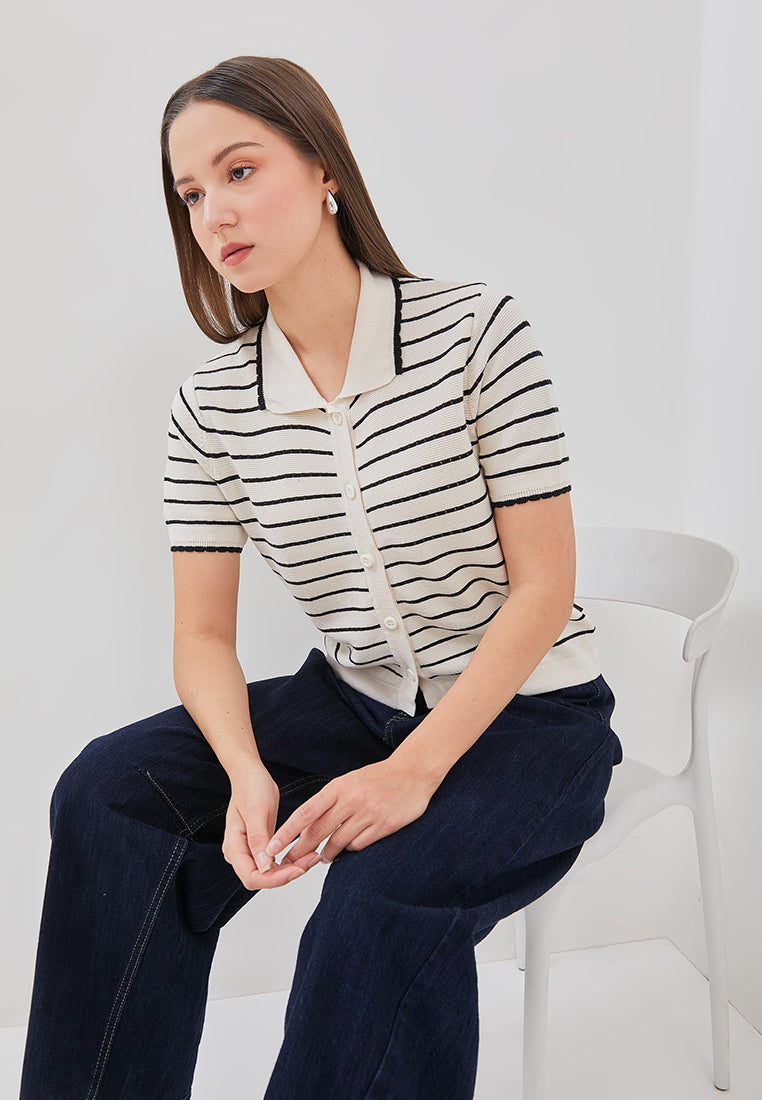 Nalure Anna Polo Shirt Wanita | Polo Knit | Stripe Scallop Lengan Pendek