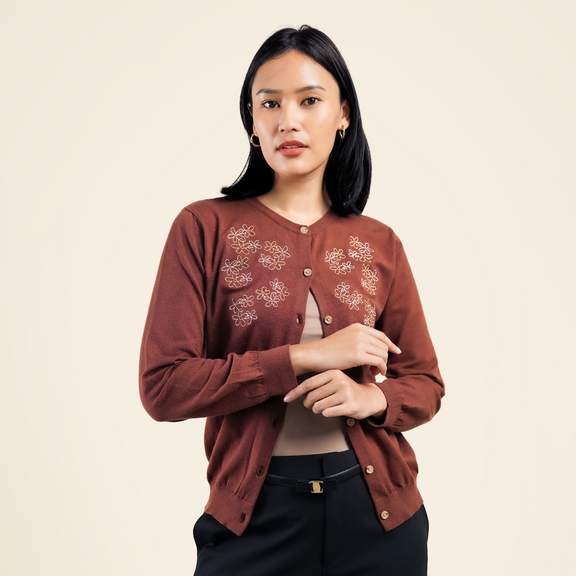 Nalure Jolie Cardigan Wanita | Cardigan Rajut | Long Sleeve Crewneck Bunga
