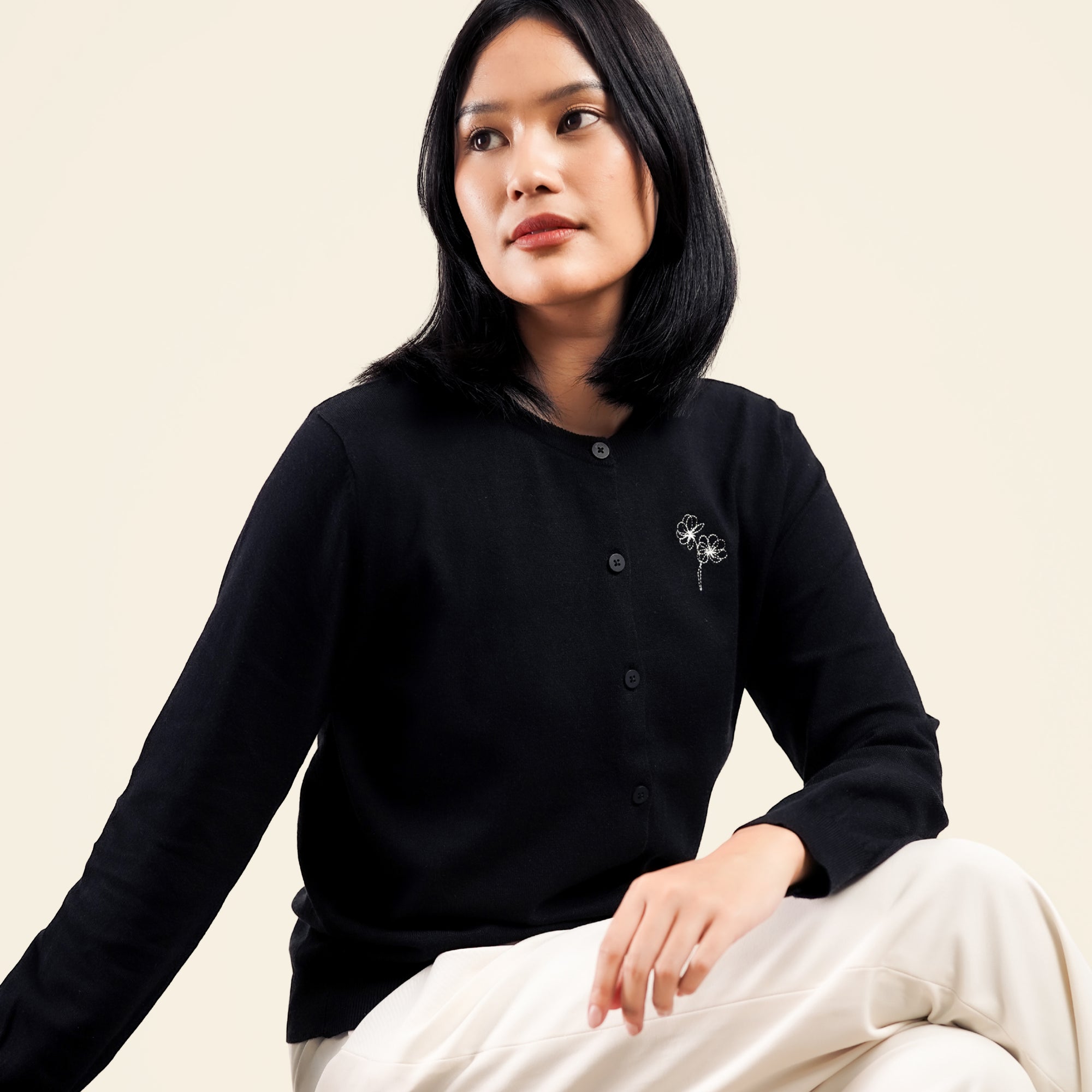 Nalure Lorene Cardigan Wanita | Cardigan Rajut | Long Sleeve Crewneck Bunga